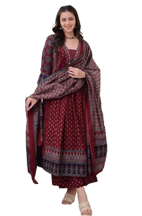 klosia women's rayon printed anarkali kurta and pant with dupatta set klosia women's rayon printed anarkali kurta and pant with dupatta set
