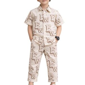 jig & jog boys letter print co ord set, white, cotton blend, half sleeve shirt and trouser, casual & outing wear kids outfit