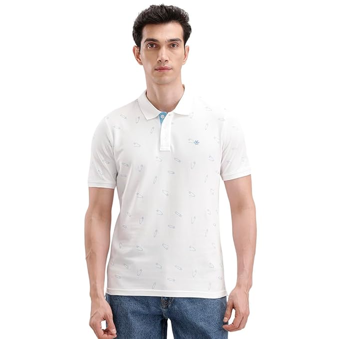 wrogn men's 240 gsm cotton pique polo t shirt | white all over print | slim fit