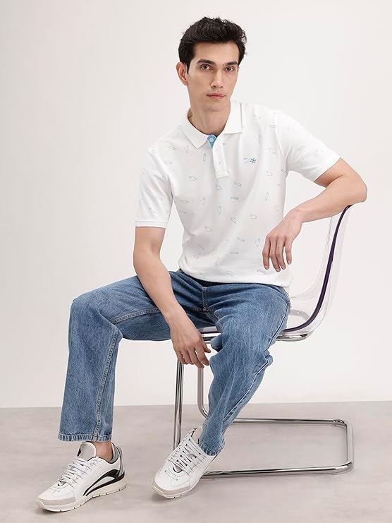 wrogn men's 240 gsm cotton pique polo t shirt | white all over print | slim fit