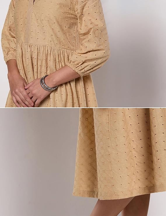 product details top highlights material composition100% cotton lengthknee length neck styleruffle neck patternsolid stylepleated care instructionsmachine wash country of originindia about this item fabric: made out of 100% cotton fabric that is comfortable for all seasons and has a good drape product details: a well crafted ethnic inspired all over schiffli embroidery dress that could be worn for everyday work or day occasions. workmanship: crafted with high quality stitching and adorned with premium embellishments, ensuring lasting quality. occasion: everyday work wear or casual outting style tips: pair with with statement jewellery and heels for everyday work or your special occasions. light body fabric with inside lining additional information manufacturershubham textiles, shubham textiles, jaipur packershubham textiles, jaipur importershubham textiles, jaipur item weight500 g generic nameschiffli embroidery ethnic dress | fit and flare | knee length (available in plus sizes)